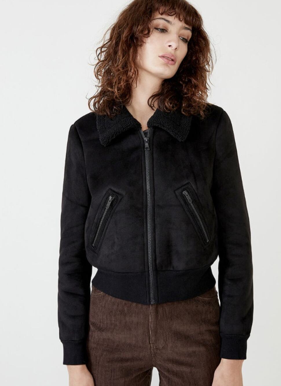 BARDOT Women's Shearling Bomber Jacket Small US 4 Black Faux Suede Cropped NWT